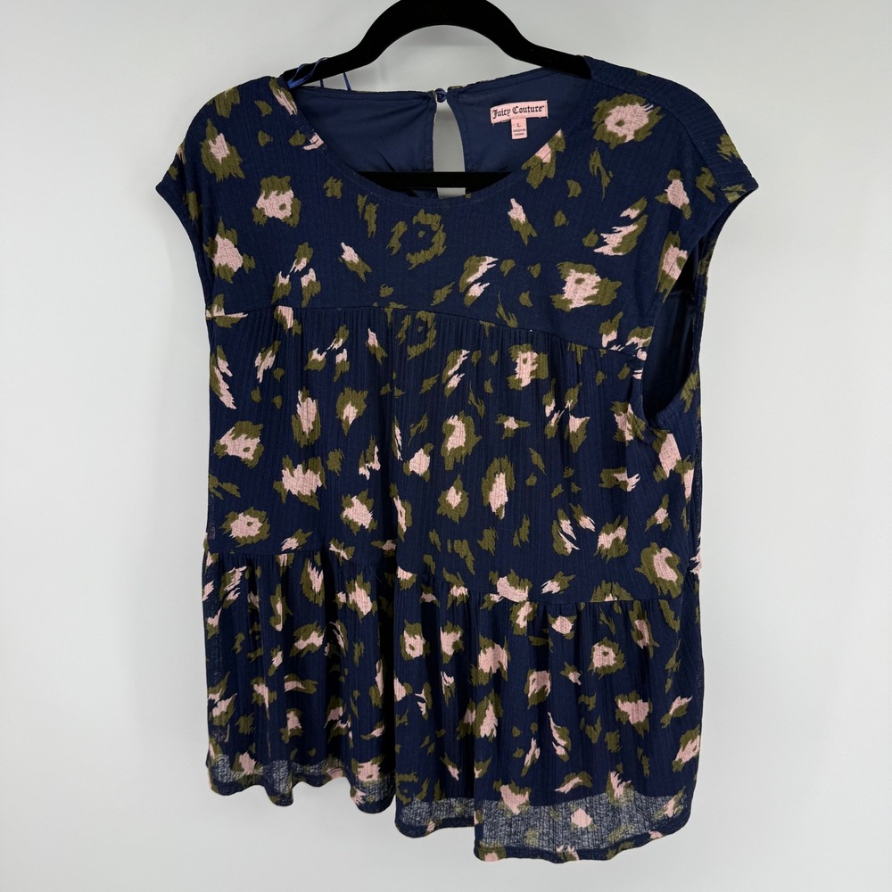 Juicy Couture Navy Blue Leopard Print Tiered Babydoll Peplum Top Large